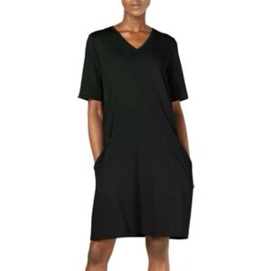 Eileen Fisher Stretch V-Neck 3/4 Sleeve Drop Shoulder Pocketed Waistless Dress